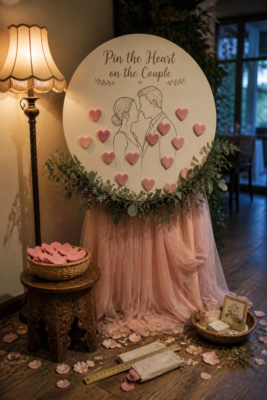 A circular board displays a line drawing of a couple with pink felt hearts pinned around it, next to a basket of extra hearts on a wooden stool.