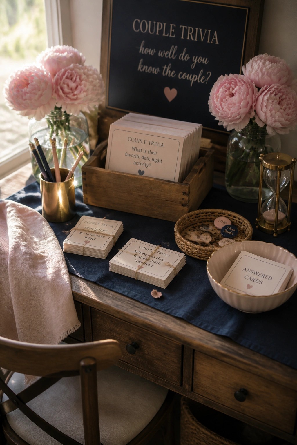 A wooden table holds stacks of couple trivia cards, pink peonies in glass vases, a bowl for answered cards, and a chalkboard sign.