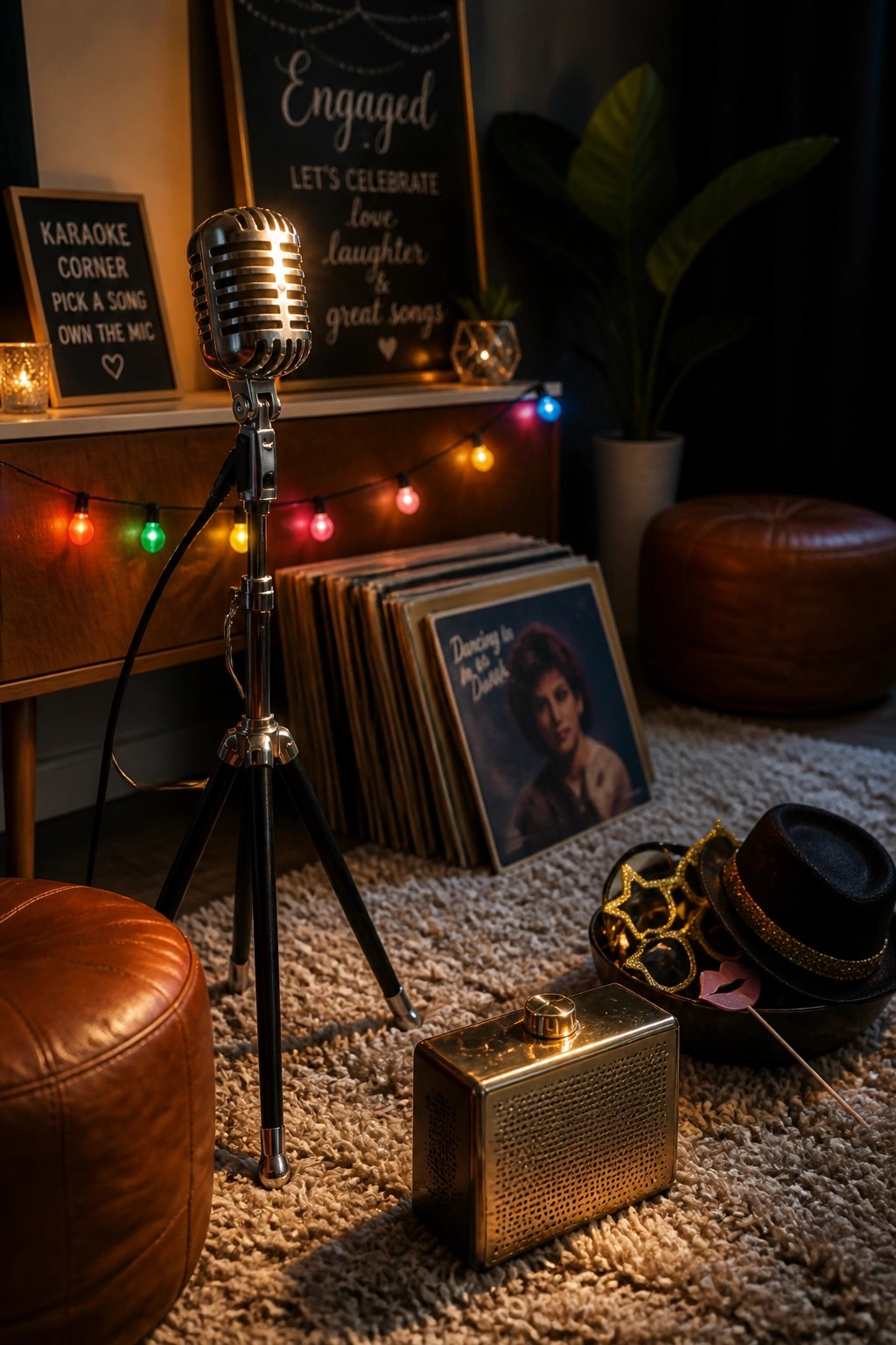 A vintage microphone on a tripod stand sits on a shaggy rug beside vinyl records, a small speaker, and props including a hat and glasses, with string lights and signs in the background.