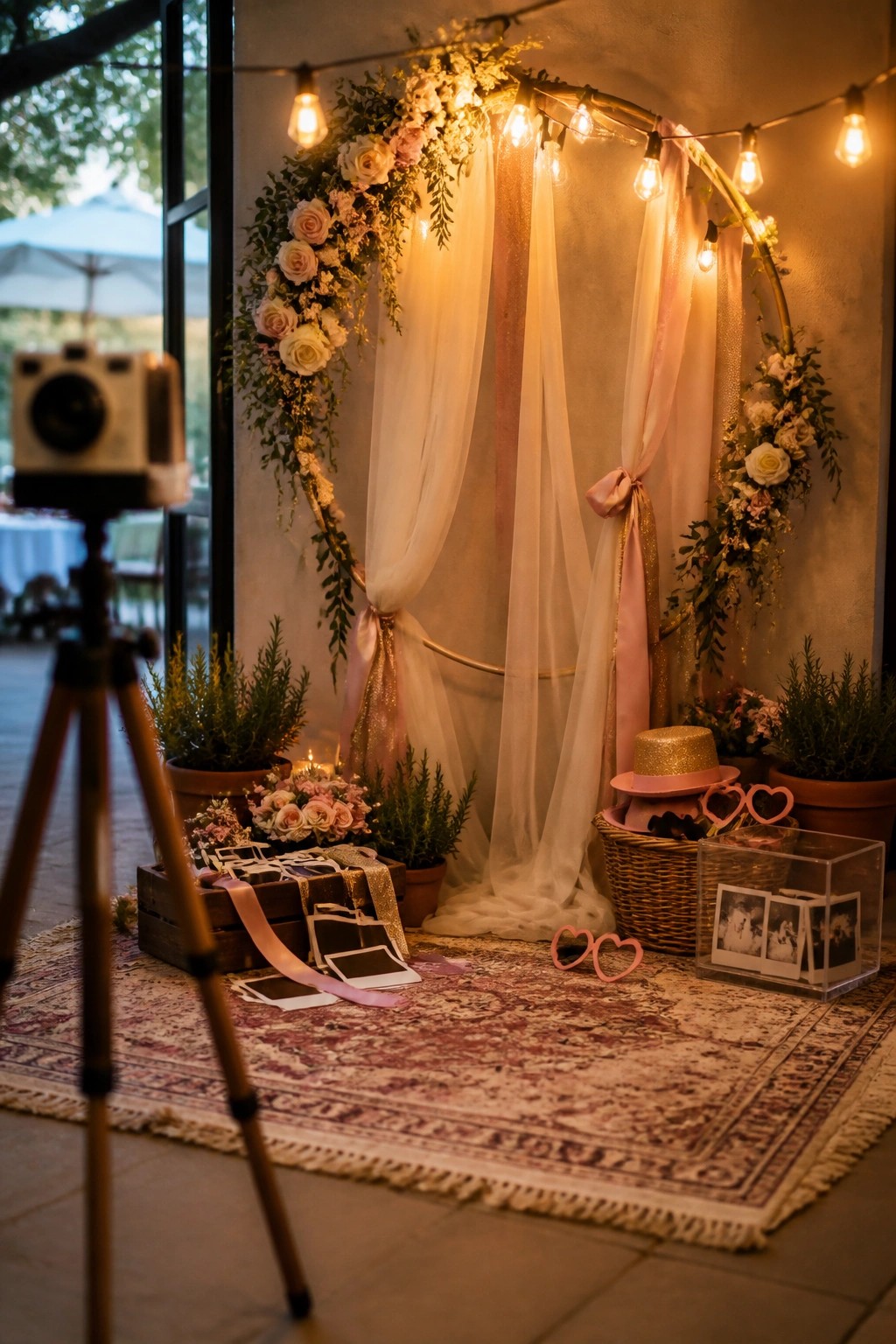 A photo booth setup featuring a floral arch with string lights, draped fabric, props in a basket, scattered Polaroid photos, and a vintage camera on a tripod.