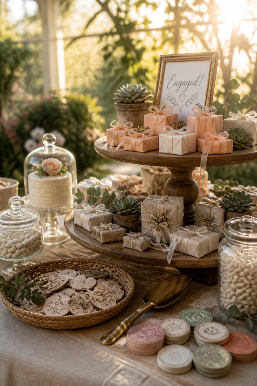 A two-tiered wooden stand displays small wrapped gift boxes in soft peach and white tones alongside potted succulents and a framed sign, with a woven basket of cookies and glass jars of candies visible in the foreground.