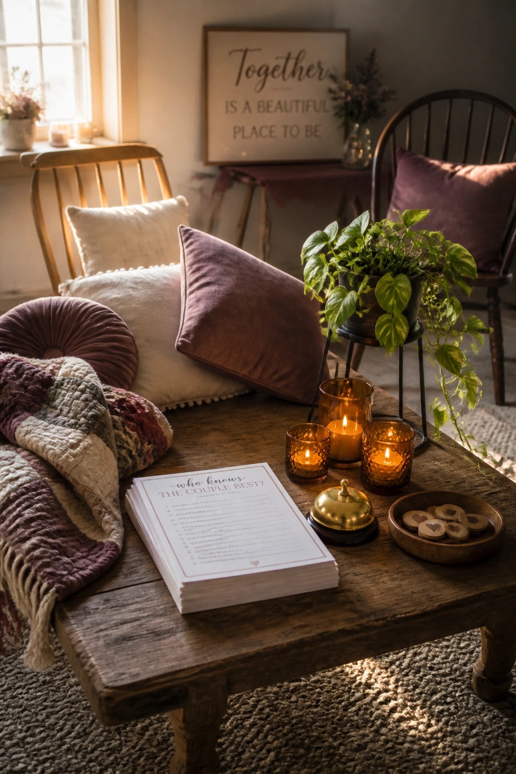 A wooden table holds a stack of couple trivia game sheets, a gold bell, three lit candles in amber glass holders, and a potted plant next to pillows and a blanket.