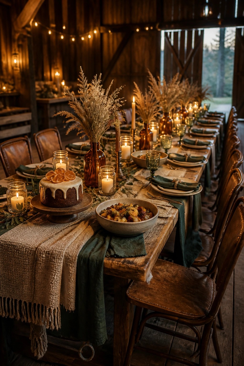 A long wooden table in a rustic barn is set for a meal with plates, green napkins, dried grass arrangements, a cake on a stand, and multiple lit candles in glass jars under string lights.