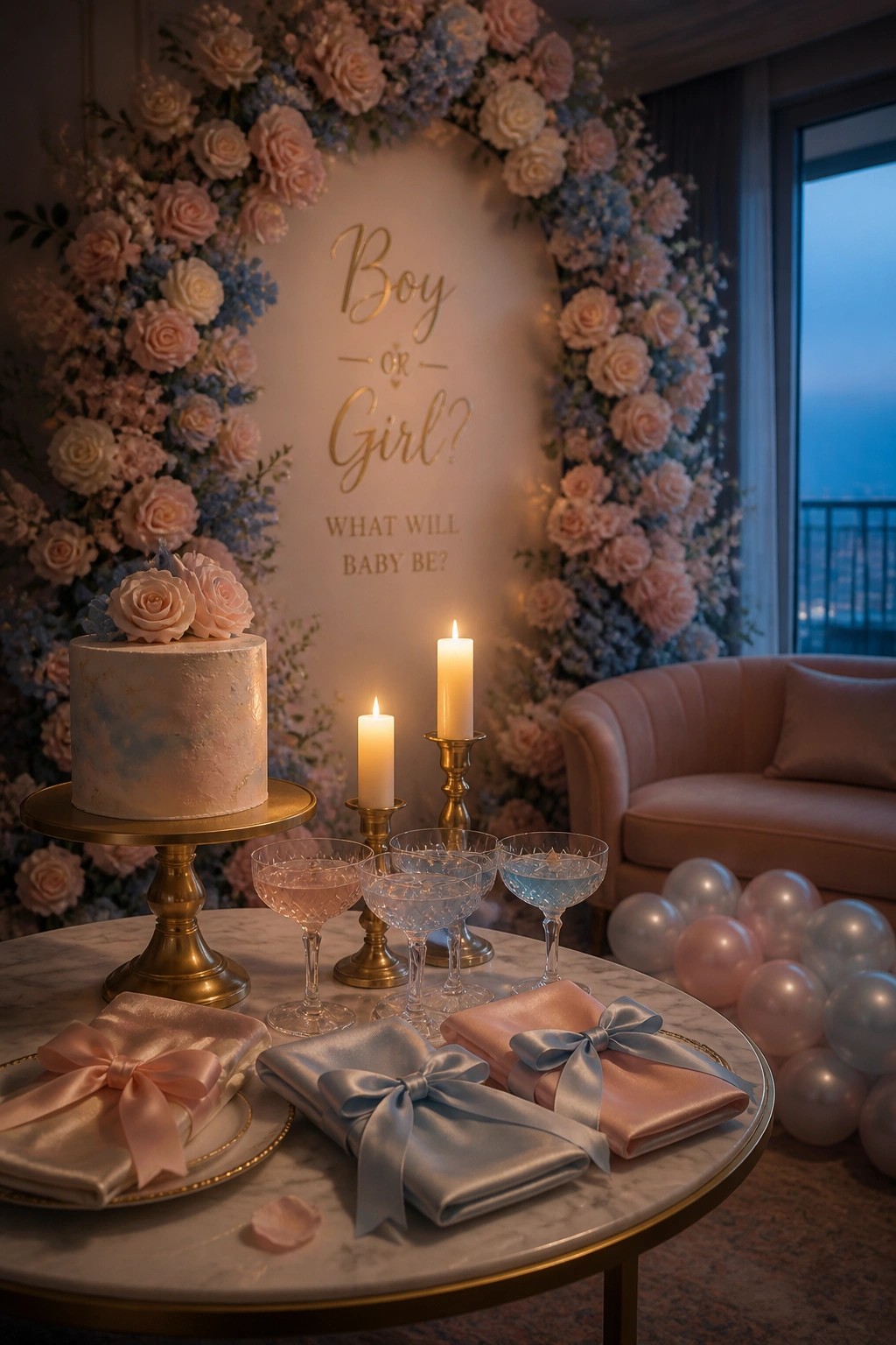 A round marble table holds a white and blue cake on a gold stand, three lit candles in gold holders, crystal glasses, satin napkins tied with pink and blue ribbons, and a large floral arch of pink and blue roses behind a gold 