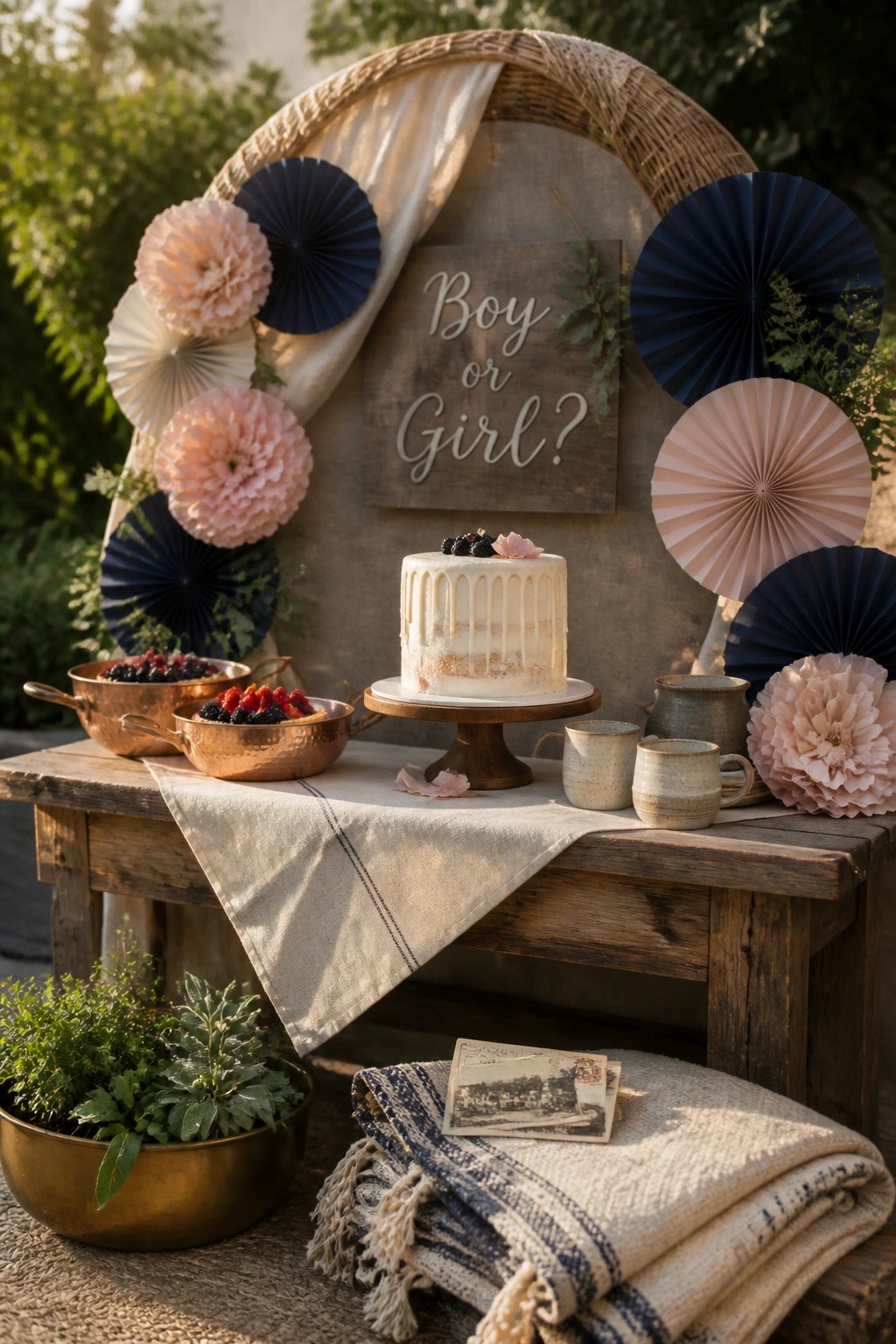 A gender reveal setup with a large circular woven backdrop, paper fans in navy and blush, a white cake on a stand, and a wooden sign that reads 