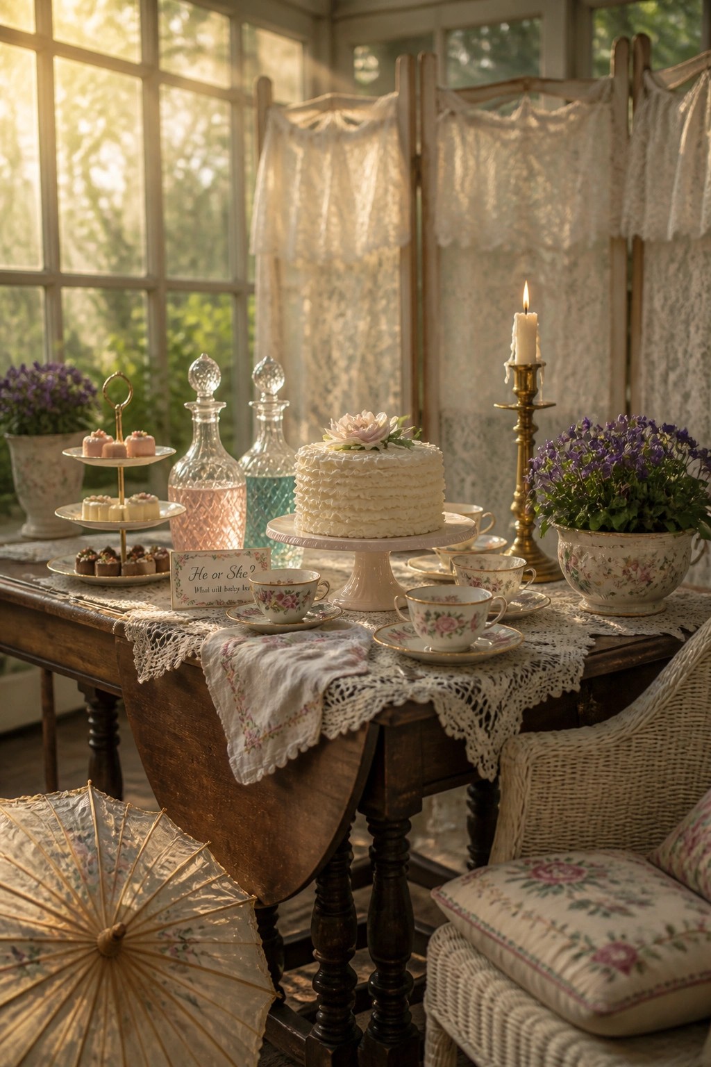 A wooden table displays a white cake on a stand, floral teacups, glass decanters, a gender reveal sign, and lace runners, with potted flowers and a lit candle nearby in a sunlit room.