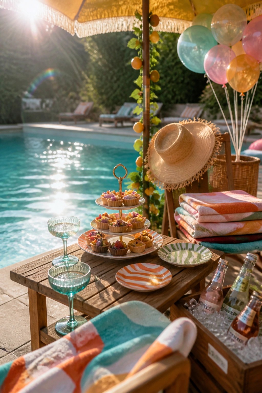 A wooden table next to a swimming pool holds a three-tier stand of small fruit tarts, colorful plates, glasses, and bottles of drinks in an ice-filled crate, with towels and balloons visible nearby.