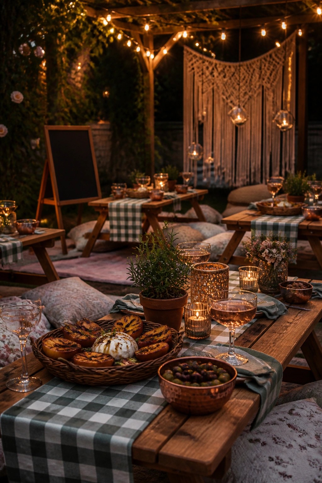 An outdoor wooden dining setup at night with string lights overhead, checkered tablecloths, grilled fruit, olives, wine glasses, and candles on the tables.