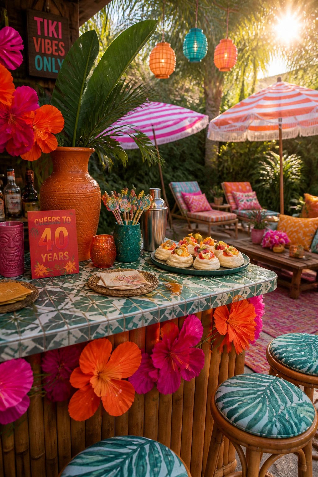 An outdoor tiki bar counter with colorful flowers, hanging lanterns, a platter of desserts, stools with leaf-patterned cushions, and lounge chairs in the background.