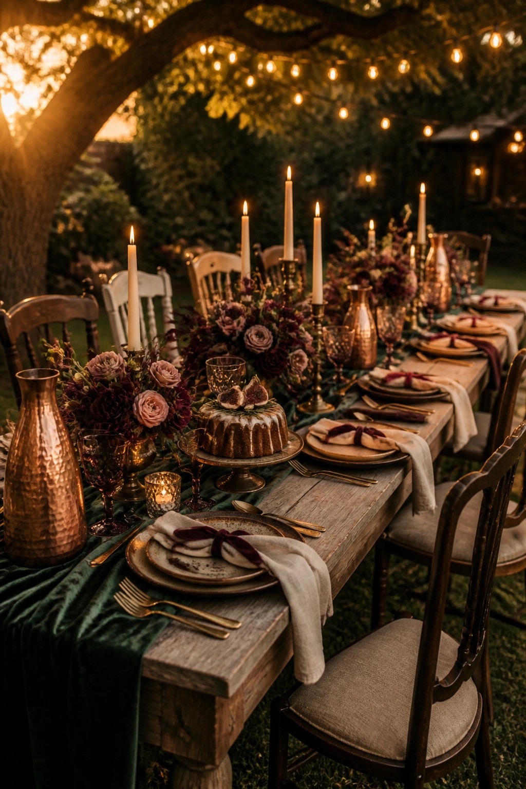 A long wooden outdoor table at dusk set with a green velvet runner, copper vases, tall white candles, floral centerpieces, plates, and a bundt cake under string lights.