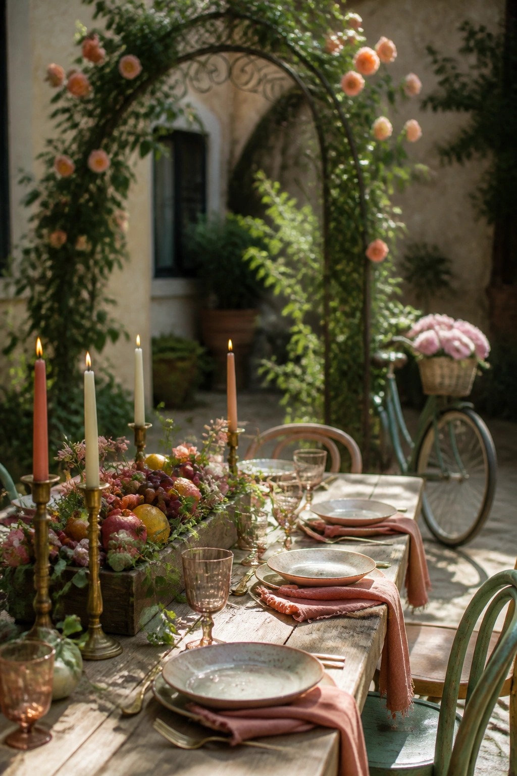 A long wooden table outdoors set with plates, pink linens, glassware, lit candles, and a centerpiece of fruits, flowers, and greenery under a rose-covered metal arch.