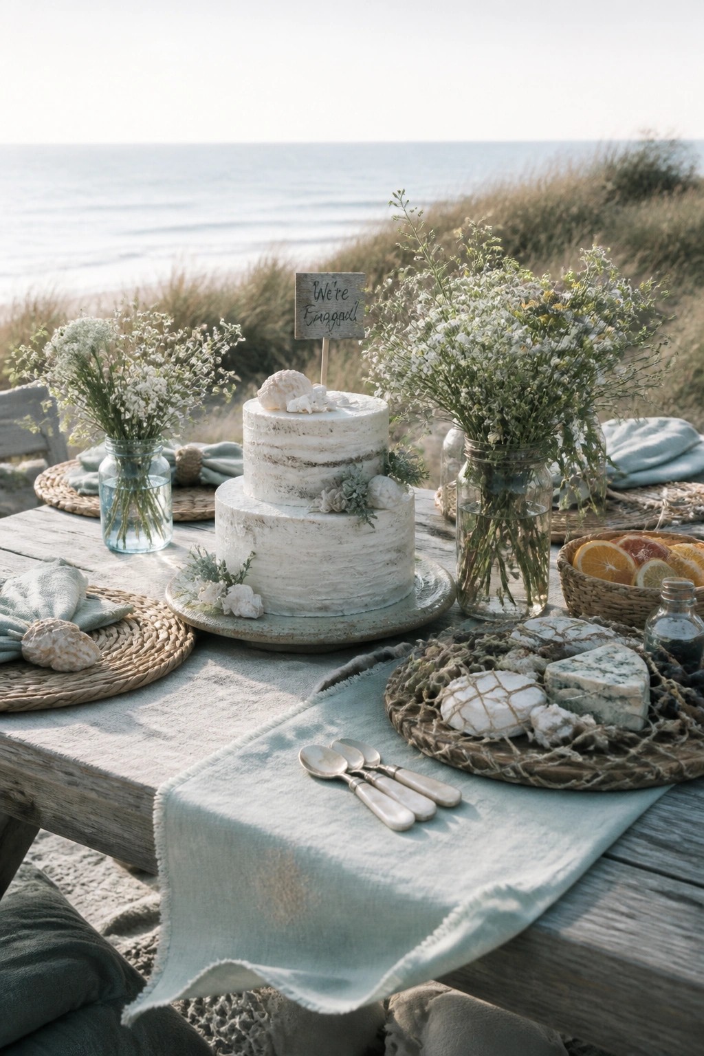 A two-tier white cake with seashells sits on a rustic wooden table by the ocean, surrounded by mason jars of wildflowers and a cheese board.