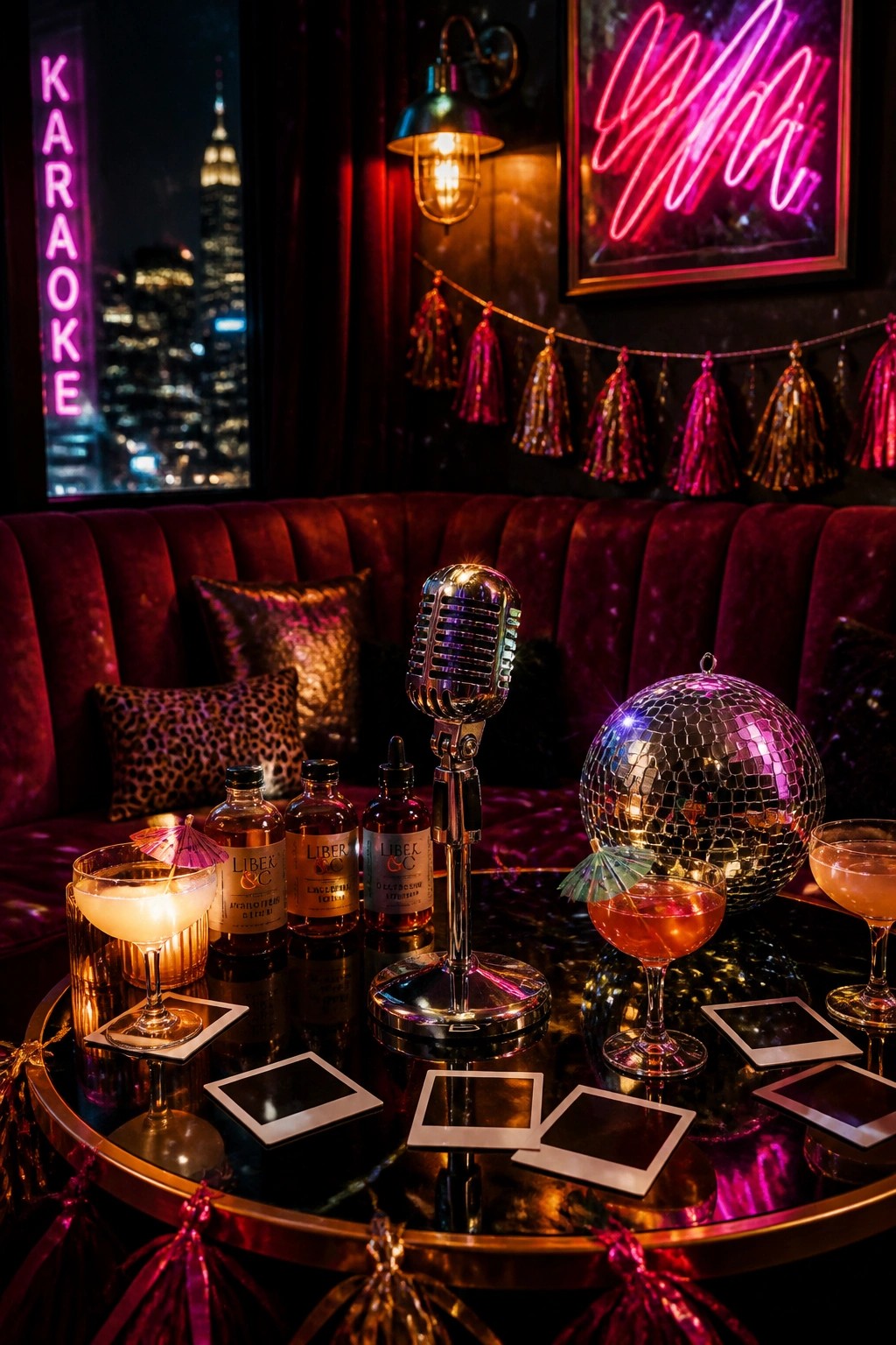 A round black table in a dimly lit lounge holds a vintage silver microphone on a stand, three cocktails with paper umbrellas, three small bottles, and scattered Polaroid frames, with a disco ball and a karaoke neon sign visible in the background.