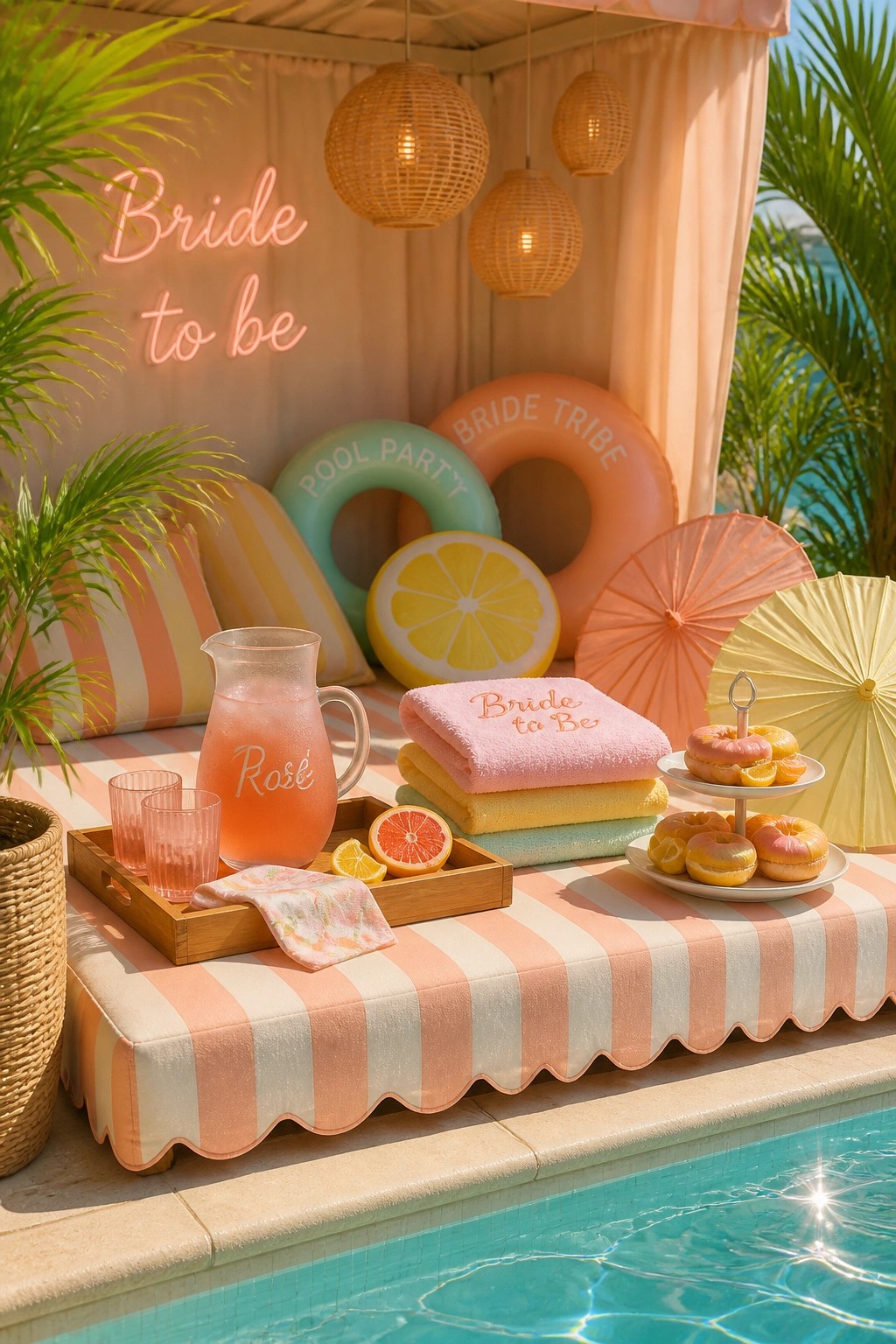 A poolside cabana with pink and white striped seating, a pitcher of rosé, donuts, towels, and a neon Bride to be sign next to a swimming pool.
