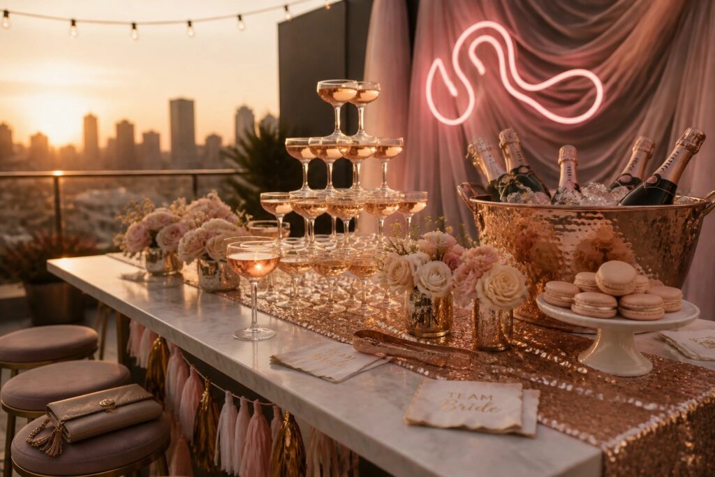 19 Creative Bachelorette Weekend Ideas That Turn Any Trip Into a Core Memory A marble bar counter features a large copper bowl filled with ice and champagne bottles, pink coupe glasses, macarons, and flowers in front of a city skyline at sunset.
