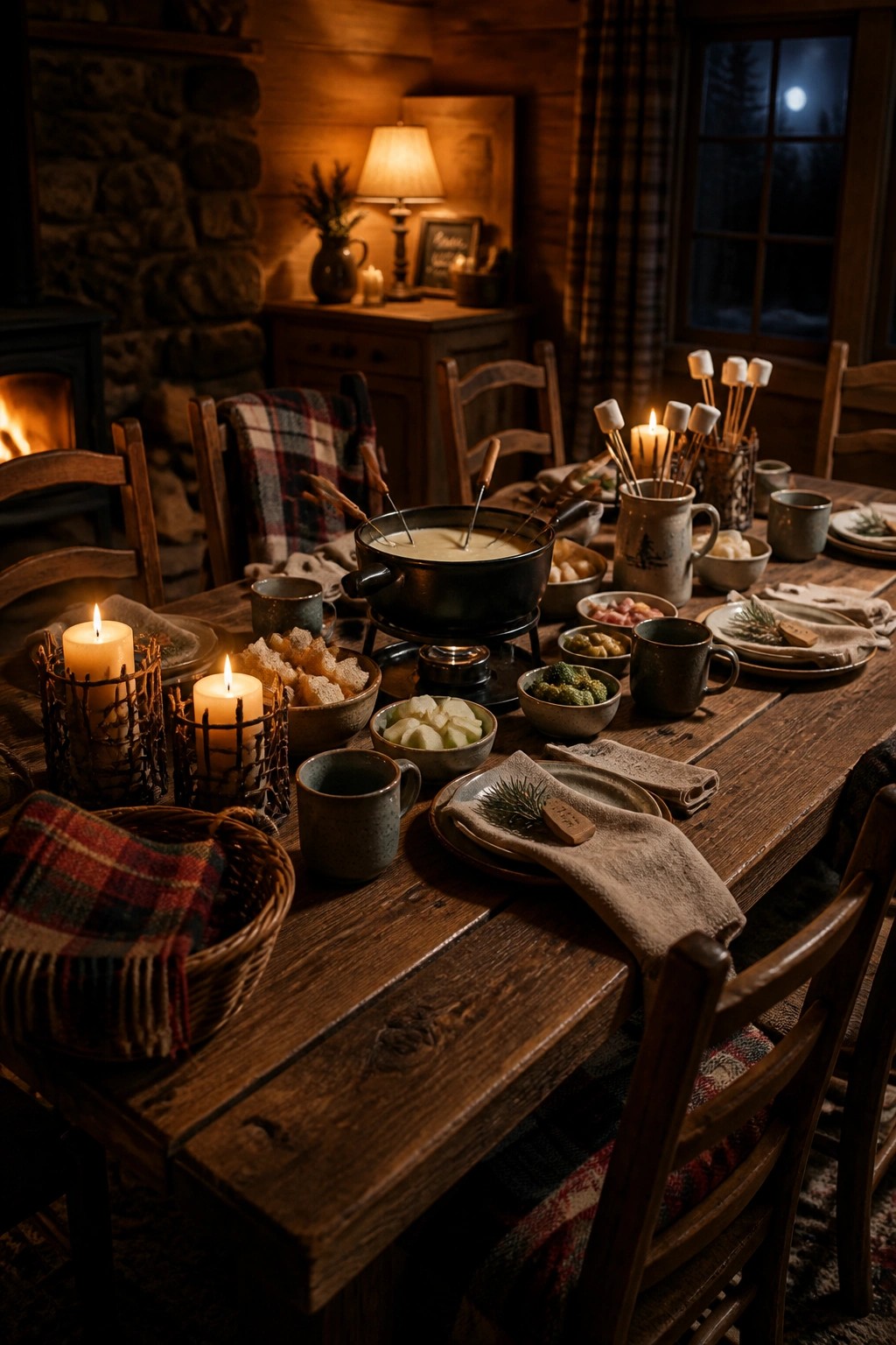 A wooden dining table set with a central fondue pot, lit candles, ceramic mugs, bowls of food, and a stone fireplace visible in the background.