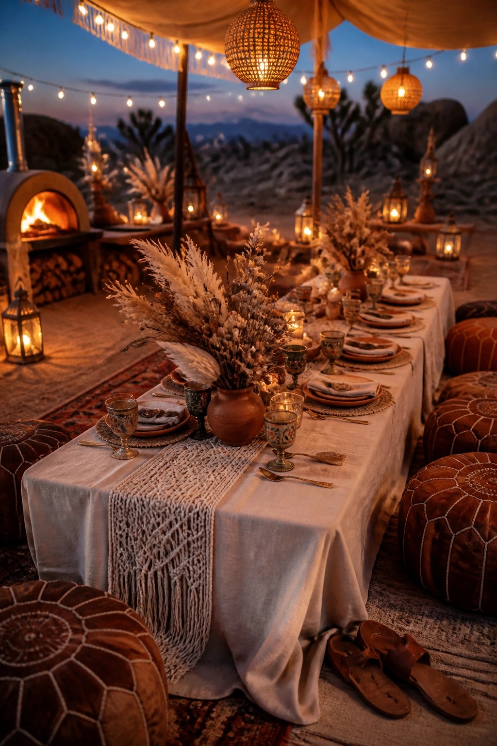 A long outdoor dining table with white linens, macrame runner, and dried floral centerpieces under a canopy lit by string lights and woven lanterns at dusk in a desert landscape.