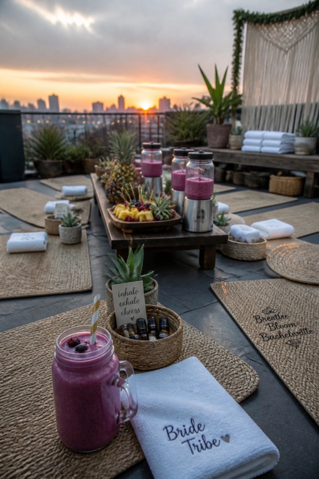 Rooftop patio at sunset with yoga mats, purple smoothies in jars, fruit platters, and baskets of essential oils arranged for a bachelorette gathering.