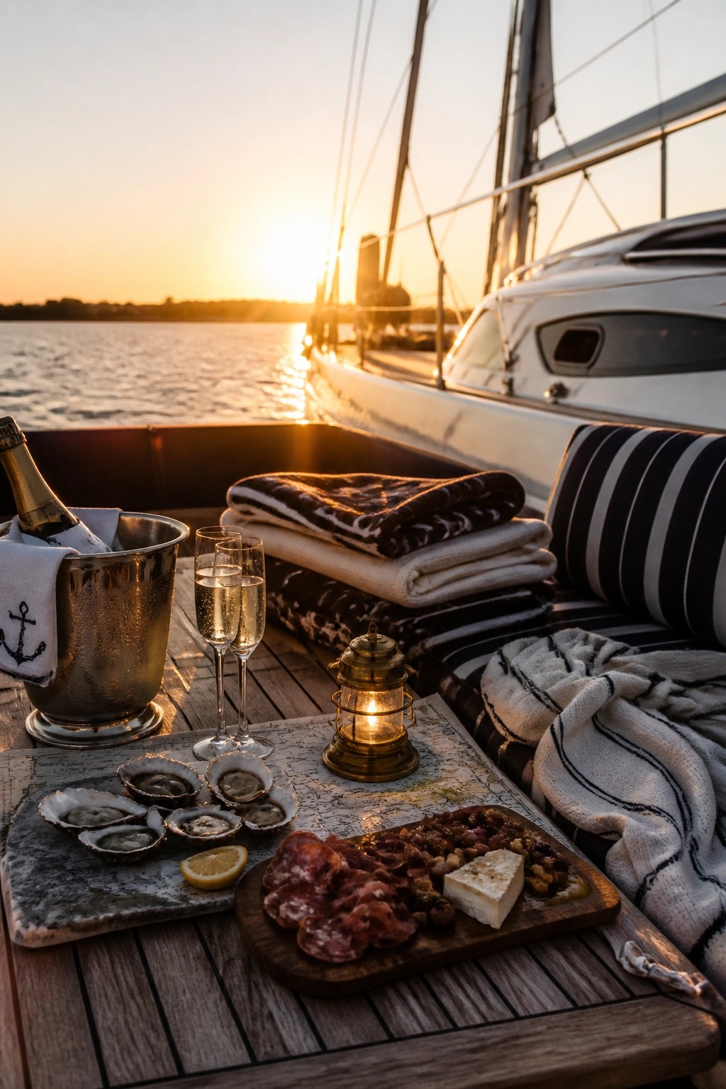 A boat deck at sunset with a wooden table holding champagne in an ice bucket, two glasses, oysters on a stone slab, a charcuterie board, a lit lantern, folded blankets, and striped cushions.