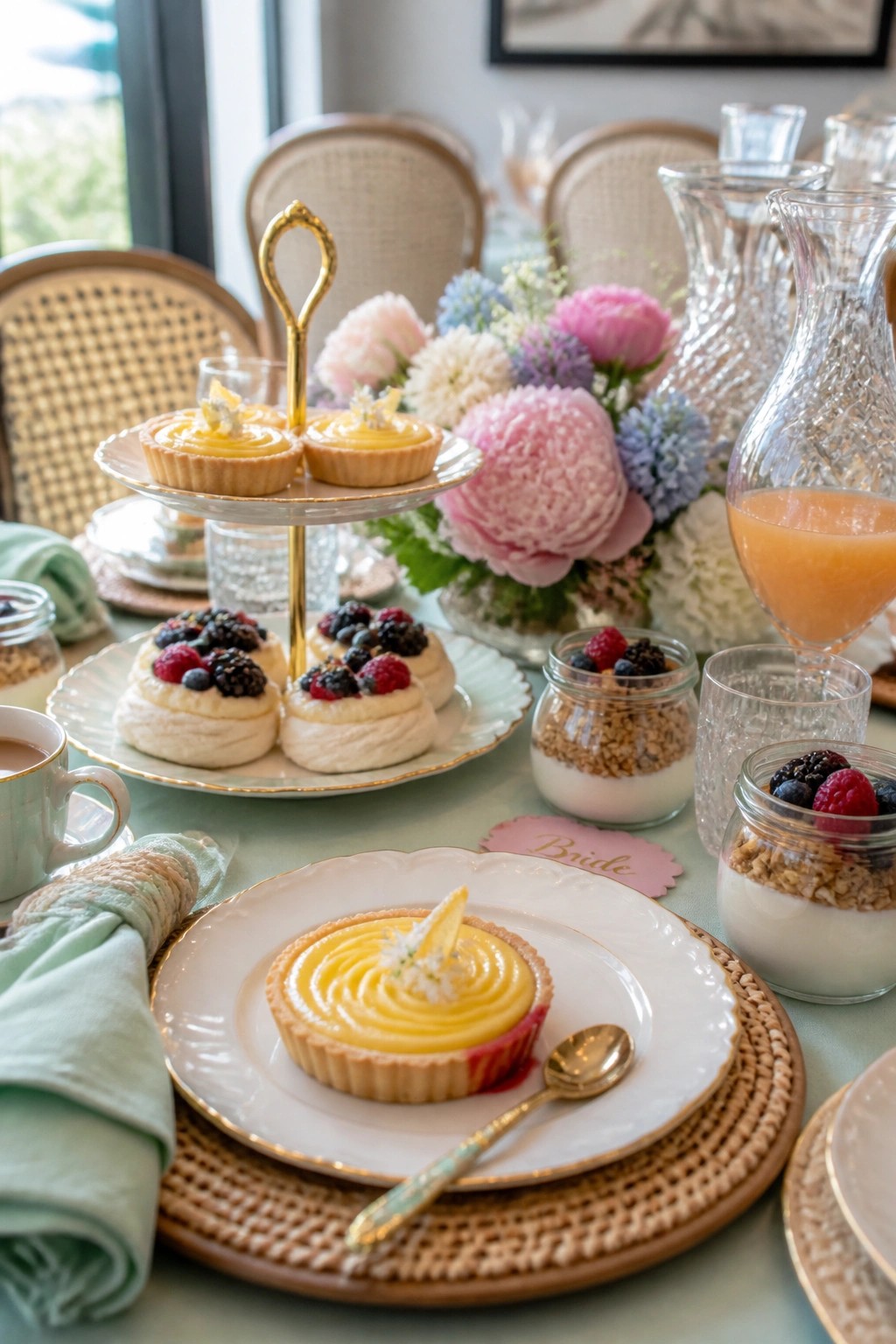 A table set for a bride with lemon tarts on a gold tiered stand, berry topped meringues, yogurt parfaits in jars, a floral centerpiece, and a pink Bride sign.