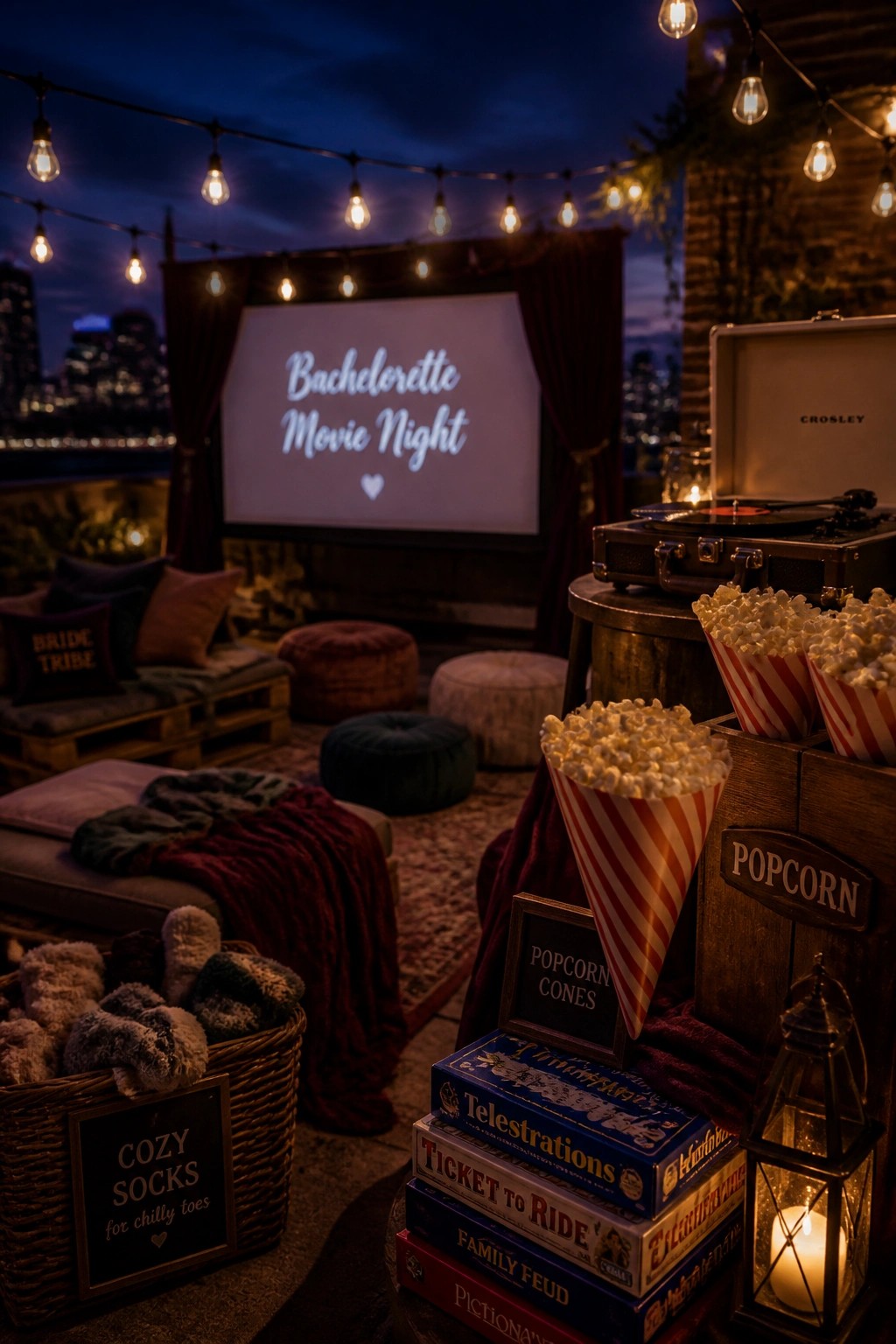Rooftop patio at dusk with a projector screen showing bachelorette movie night text, string lights overhead, popcorn cones, board games, and cozy seating with pillows and blankets.