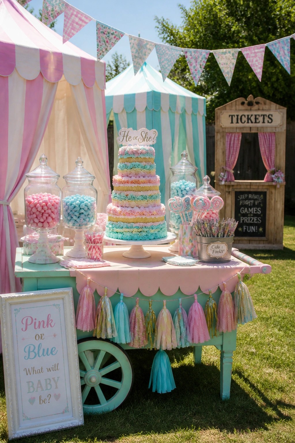 An outdoor mint green cart displays a pastel rainbow cake, glass jars of pink and blue candies, and lollipops under bunting and a gender reveal sign.