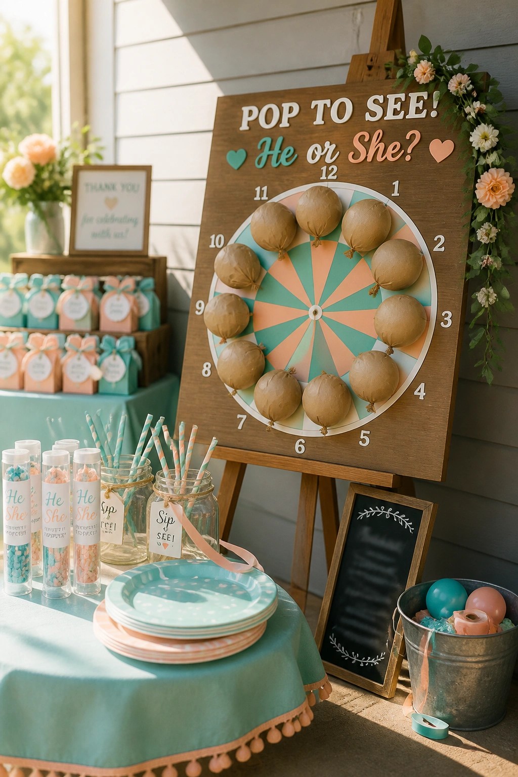 A wooden wheel with numbered sections and brown balloons on an easel at a gender reveal event, with favor bags, plates, and straws on a table in front.