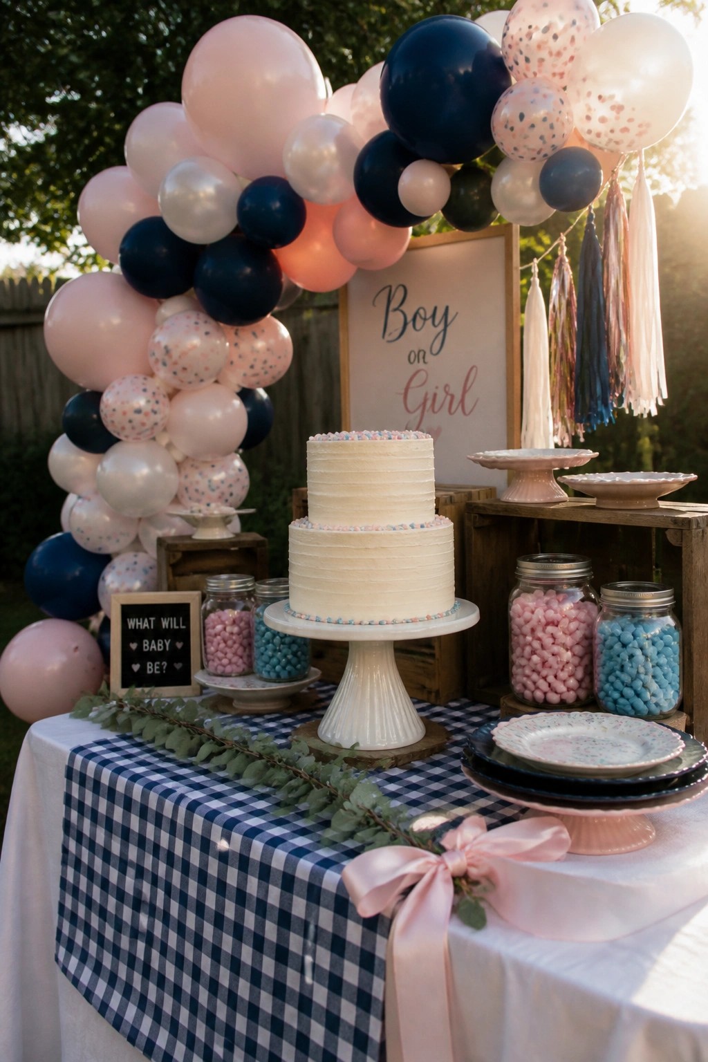 A two-tier white cake on a pedestal sits on a blue gingham table in front of a large balloon arch made of pink, navy, white, and confetti balloons, with pink and blue candy jars nearby.