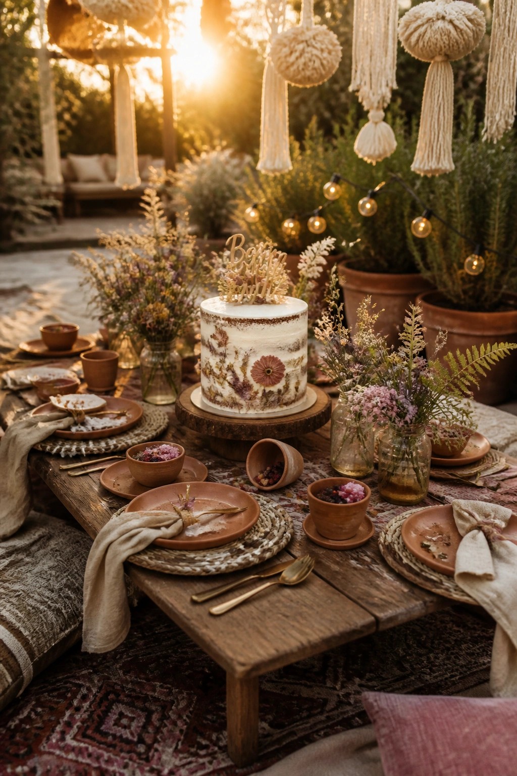 A white cake with pressed flowers and a topper sits on a wooden stand amid an outdoor table setting with terracotta plates, string lights, and macrame hangings at sunset.