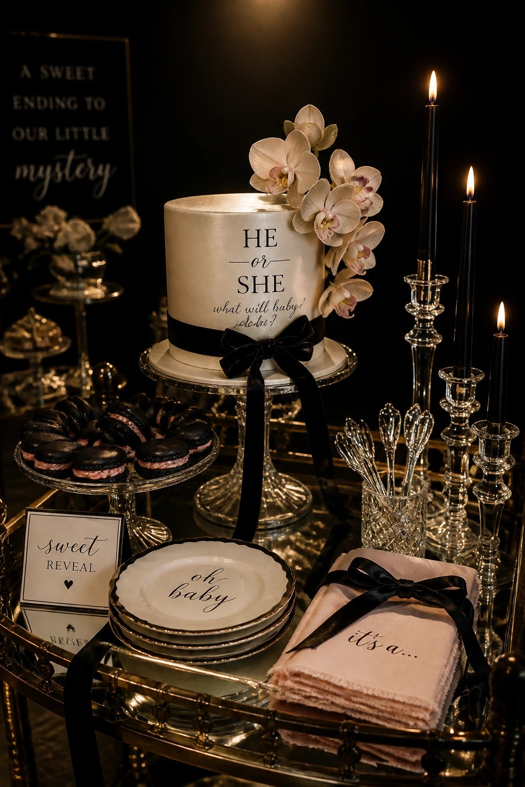 A white cake with a black bow and white orchids sits on a stand beside black macarons and lit black candles on a glass bar cart.