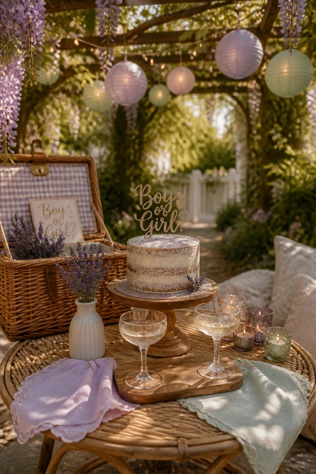 A gender reveal cake with a wooden topper sits on a cake stand surrounded by glasses, candles, and a picnic basket on a wicker table under a pergola with hanging paper lanterns and wisteria.
