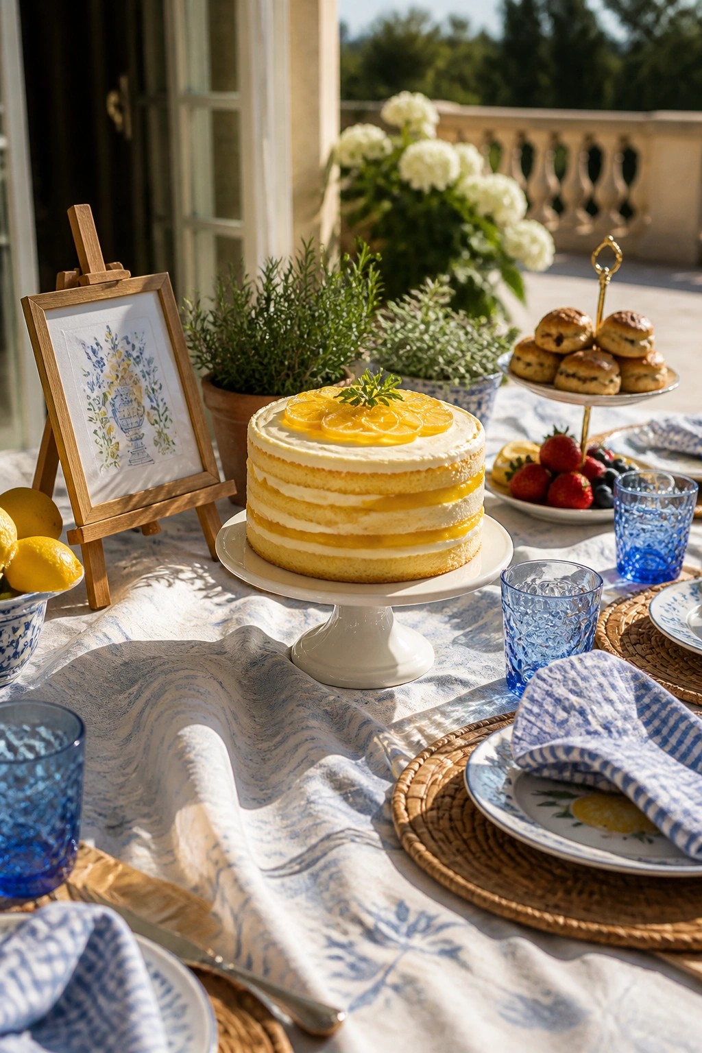 A lemon cake topped with citrus slices on a white cake stand, placed on a blue and white outdoor table with blue glassware and woven placemats.