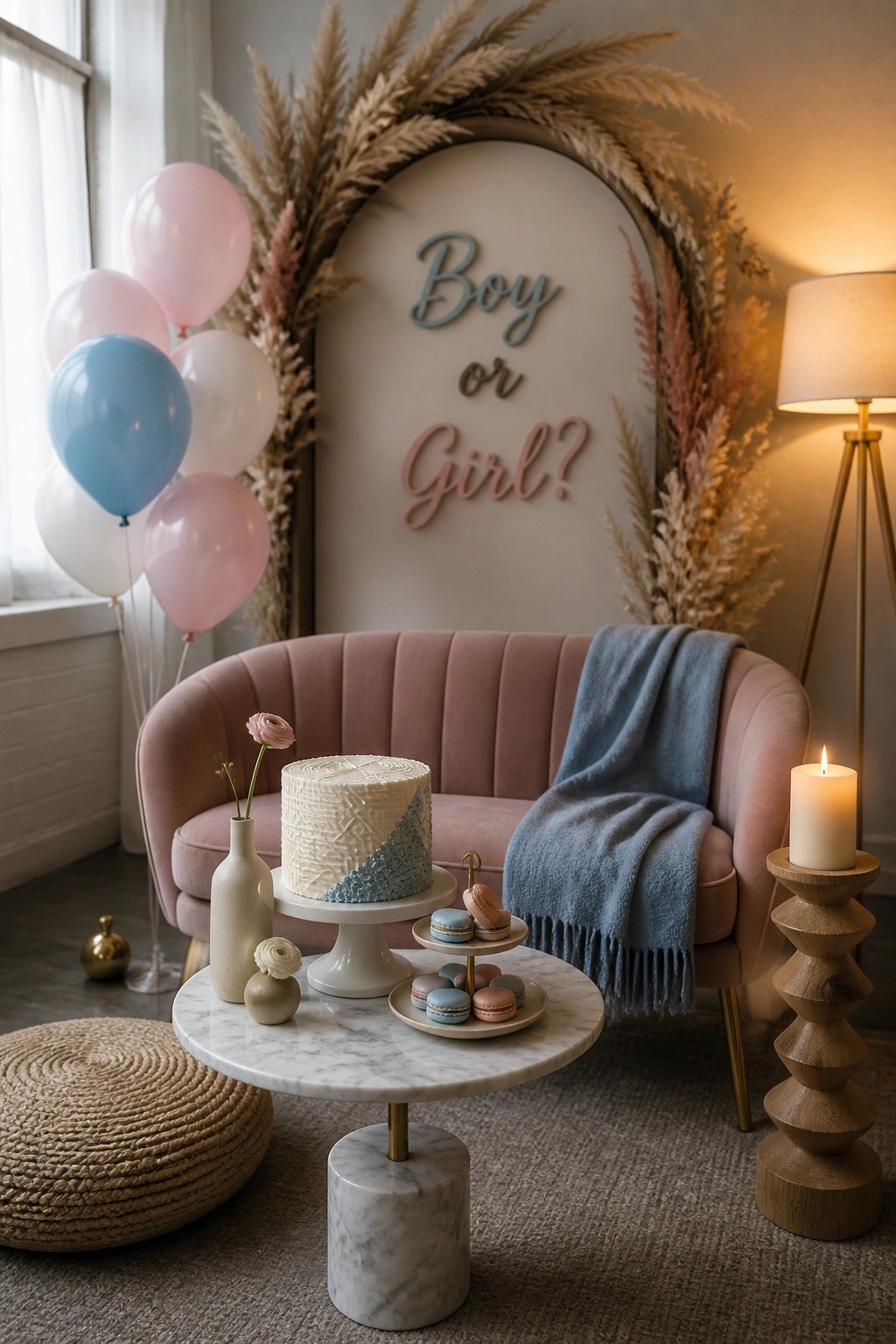 A pink velvet sofa with a blue throw sits before a large dried grass arch holding a