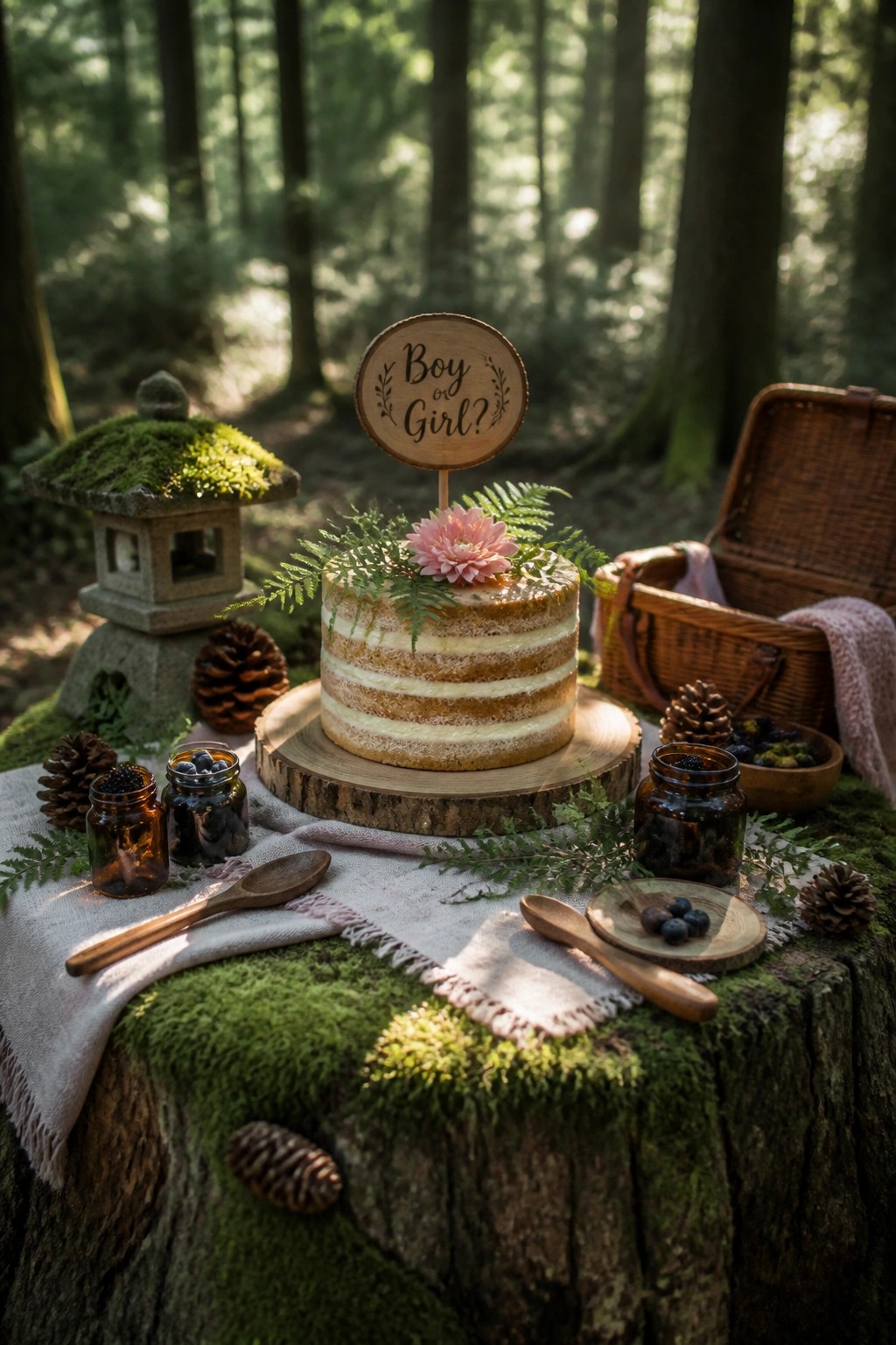 A naked layer cake with a wooden