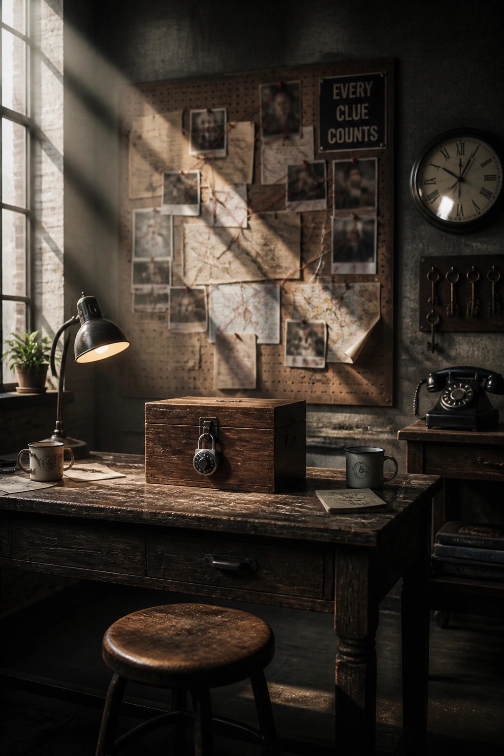 A wooden desk holds a locked box under a lamp, with a pegboard behind it displaying photos, maps, and red strings connecting various clues in a dimly lit room.