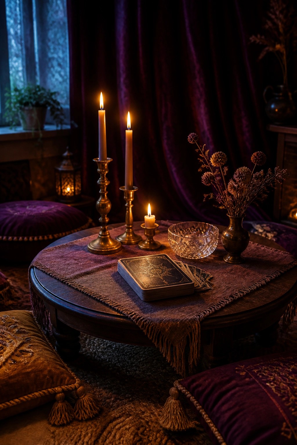 A round wooden table covered with a fringed purple cloth holds a deck of tarot cards, three lit candles in brass holders, a crystal bowl, and a small vase of dried flowers in a dimly lit room with velvet curtains.