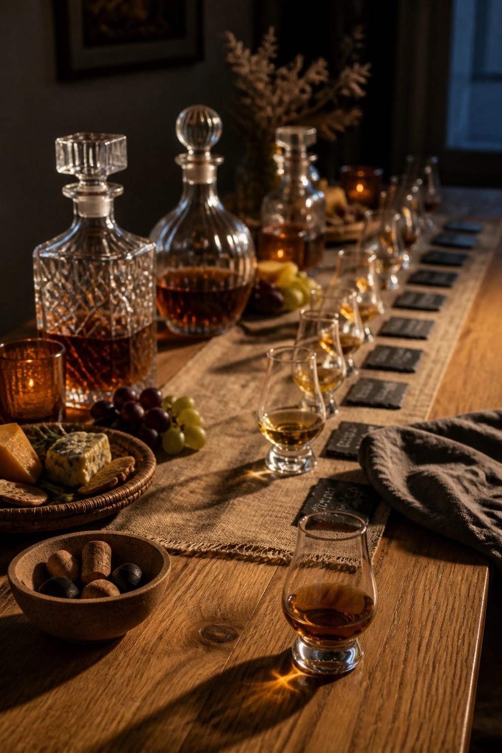 A long wooden table holds crystal decanters of amber liquid, rows of whiskey tasting glasses with chalkboard labels, cheese, grapes, and a bowl of corks.
