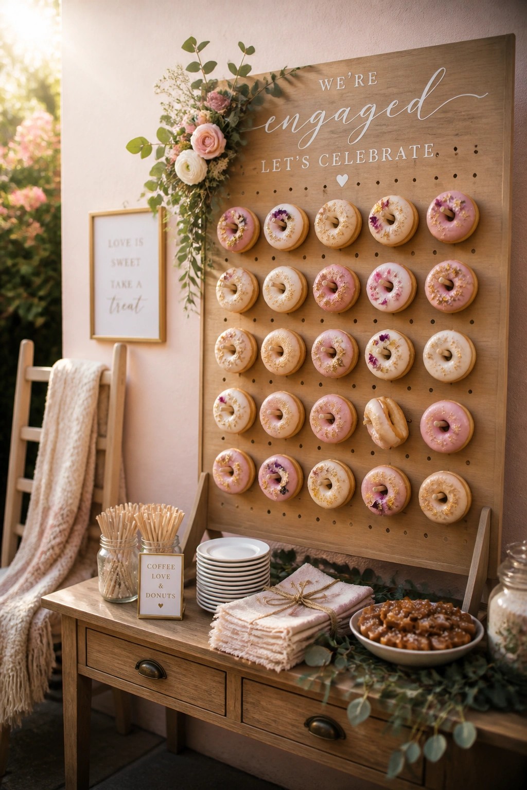 A wooden pegboard covered with rows of assorted donuts stands above a table holding napkins, plates, and jars of coffee stirrers.