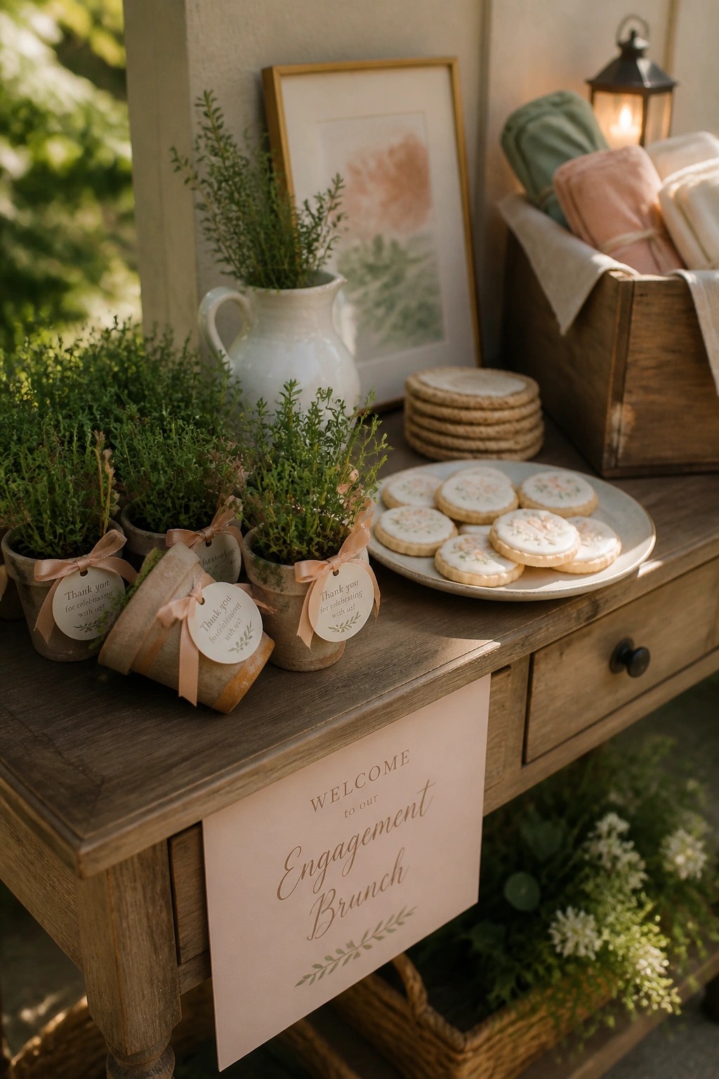 A wooden table set with small potted plants tied with ribbons, a plate of decorated cookies, stacked coasters, and a welcome sign for an engagement brunch.