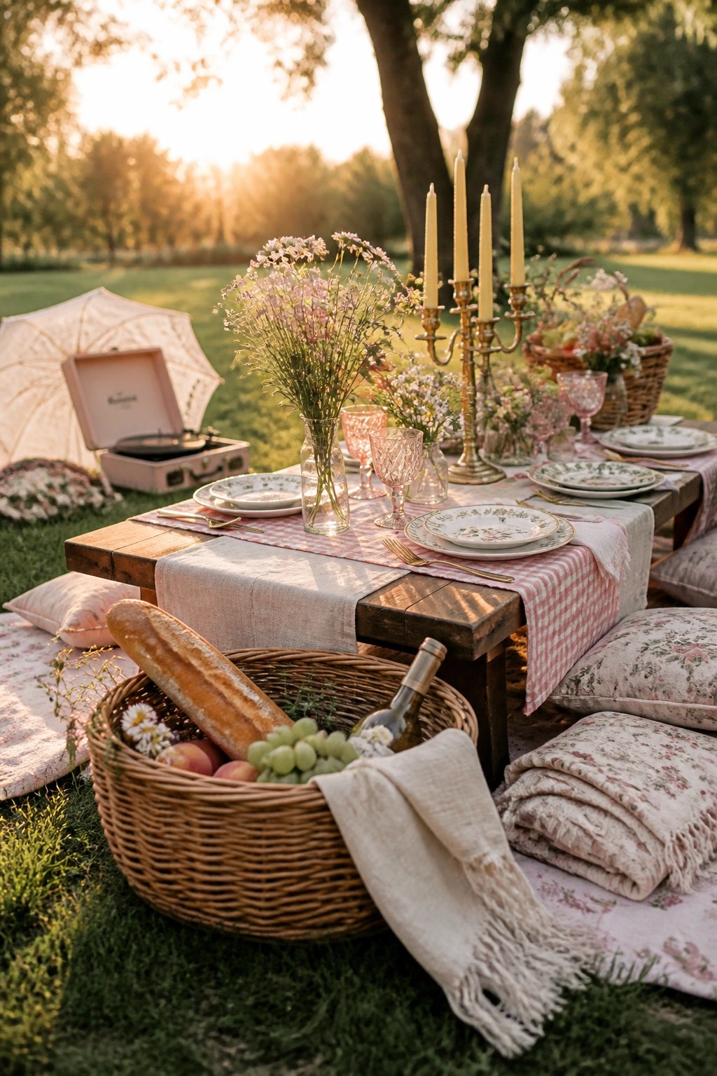 A wooden table outdoors with plates, glasses, candles, and flowers arranged on a pink gingham runner, plus a picnic basket on the grass in front.
