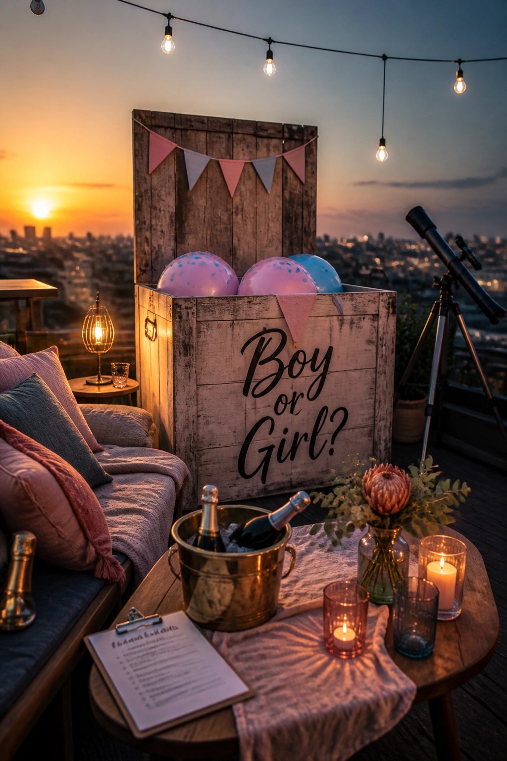 A wooden crate filled with pink and blue balloons on a rooftop at sunset, with string lights overhead, a table holding champagne and candles in the foreground, and a city view in the background.