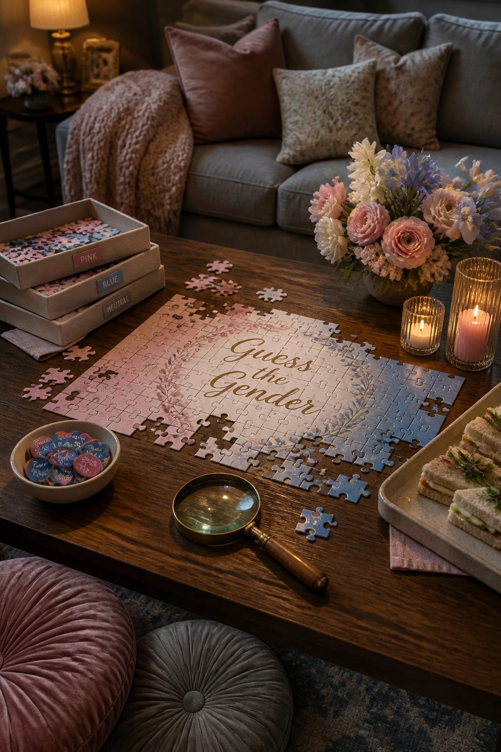 A partially assembled jigsaw puzzle on a wooden table displays pink and blue tones with the text