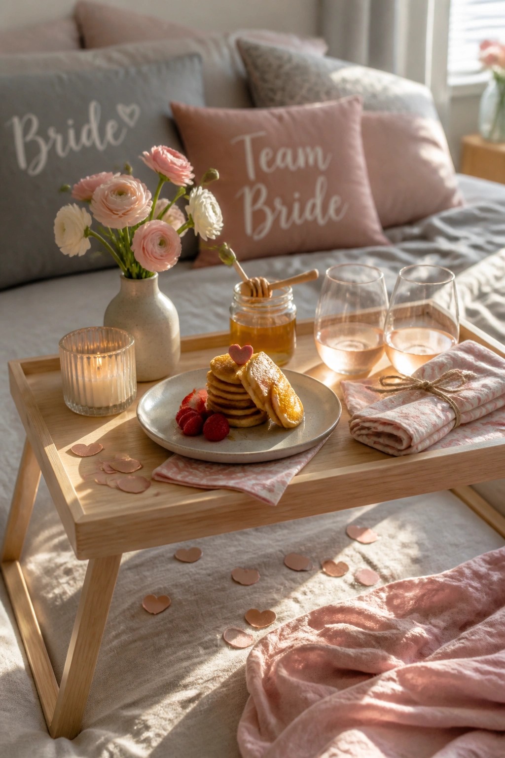 A wooden tray on a bed holds pancakes with berries, a honey jar, two glasses of rose, a lit candle, and a vase of pink flowers, with Bride and Team Bride pillows visible behind it.