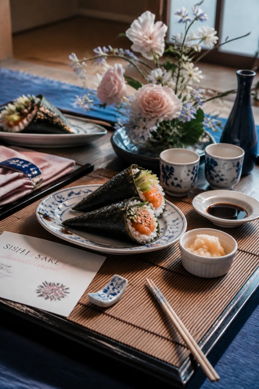 A low wooden table with sushi hand rolls on blue and white plates, small sake cups, soy sauce, pickled ginger, and flowers in the background.