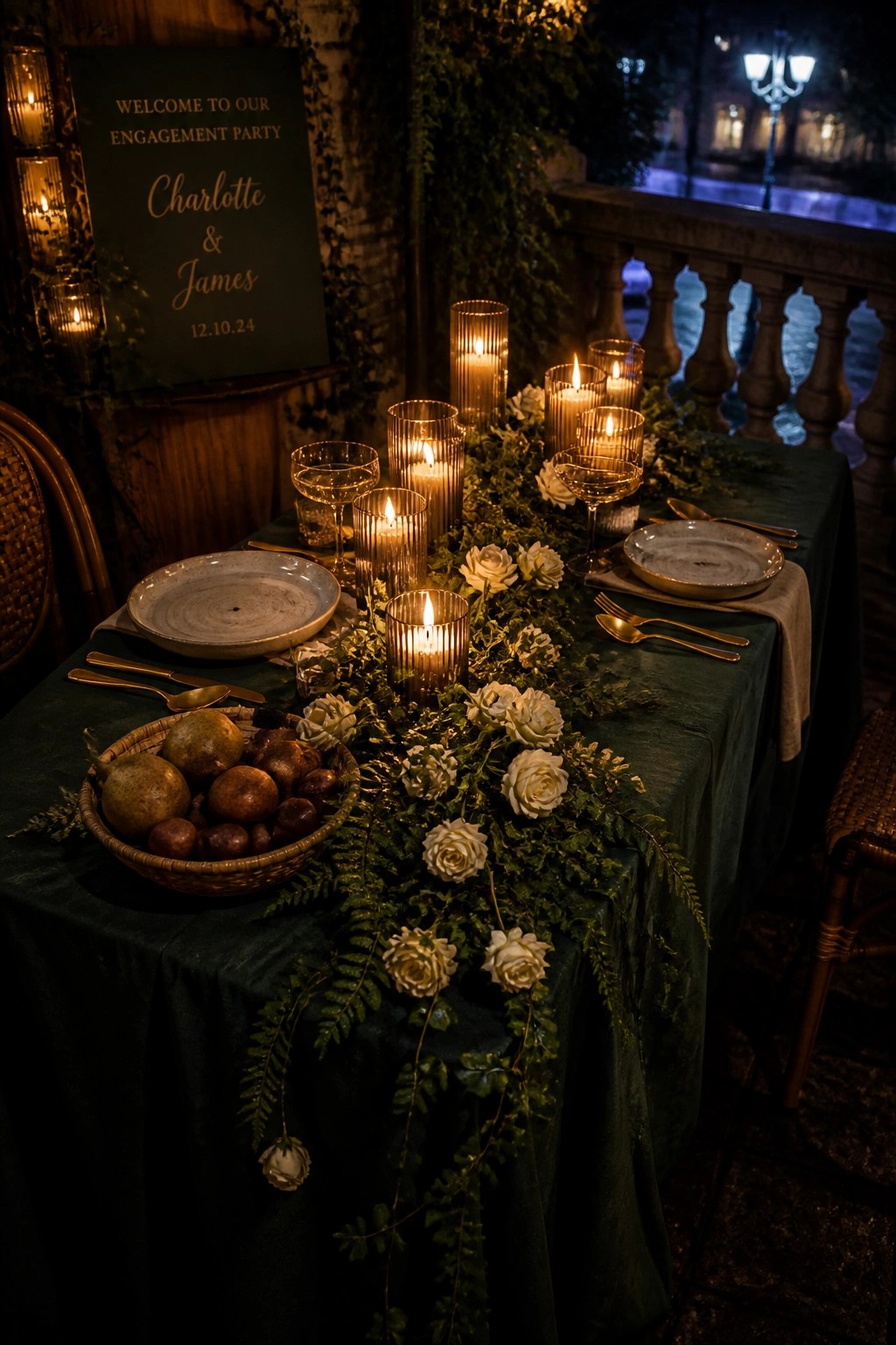 A long outdoor dining table covered in dark green cloth, set with white plates, gold cutlery, wine glasses, a basket of fruit, white roses, greenery, and multiple lit candles in ribbed glass holders.