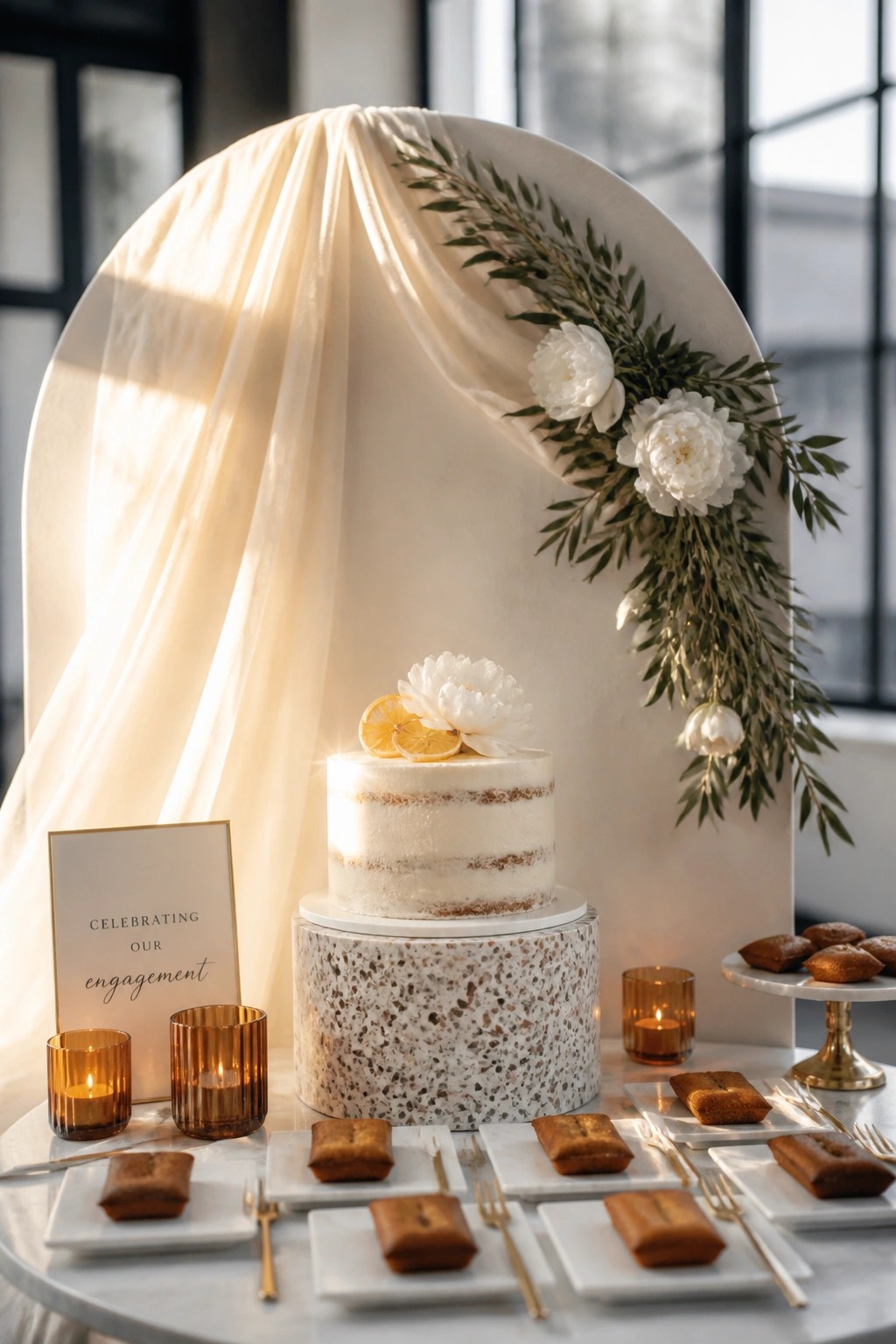 A two-tier white cake topped with a peony and dried lemon slices sits on a terrazzo stand in front of a draped off-white fabric backdrop with a garland of greenery and white flowers, surrounded by small cakes on marble plates and lit amber glass candles.