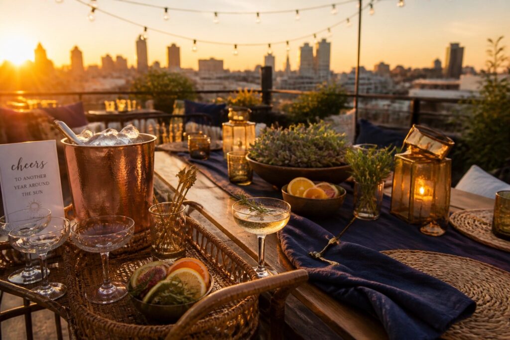 A long wooden table set for dinner on a rooftop at sunset, with a navy blue runner, woven placemats, bowls of citrus, potted plants, string lights overhead, and a city skyline in the background.