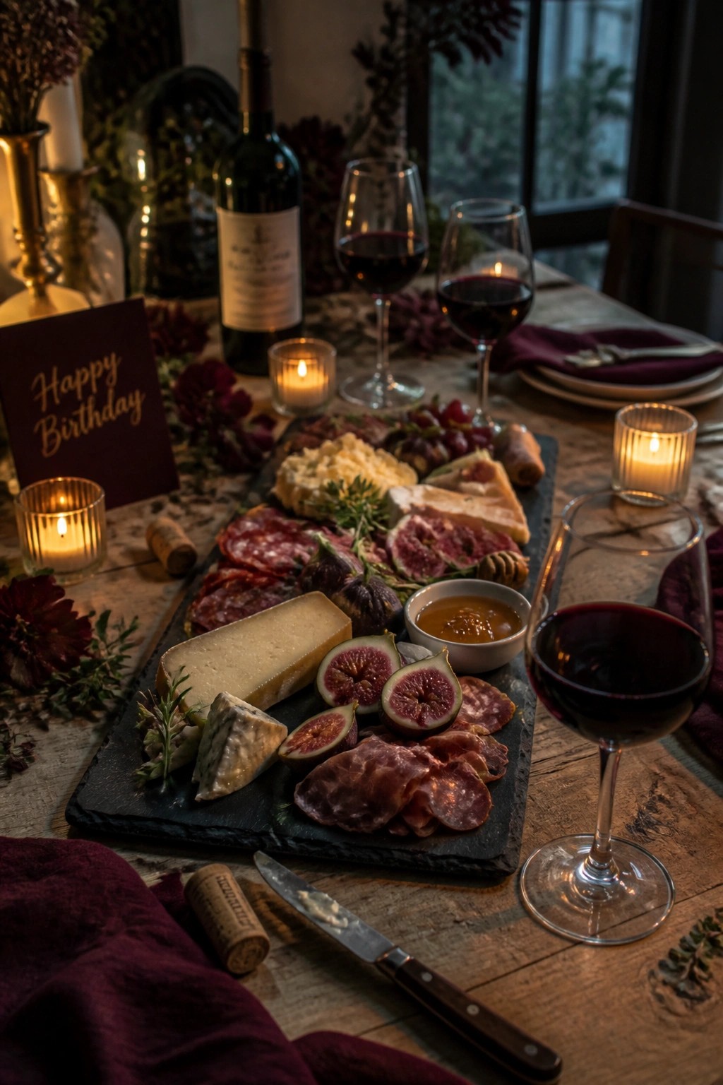 A slate grazing board with cheeses, sliced meats, fresh figs, and grapes sits on a wooden table surrounded by red wine glasses and lit candles.