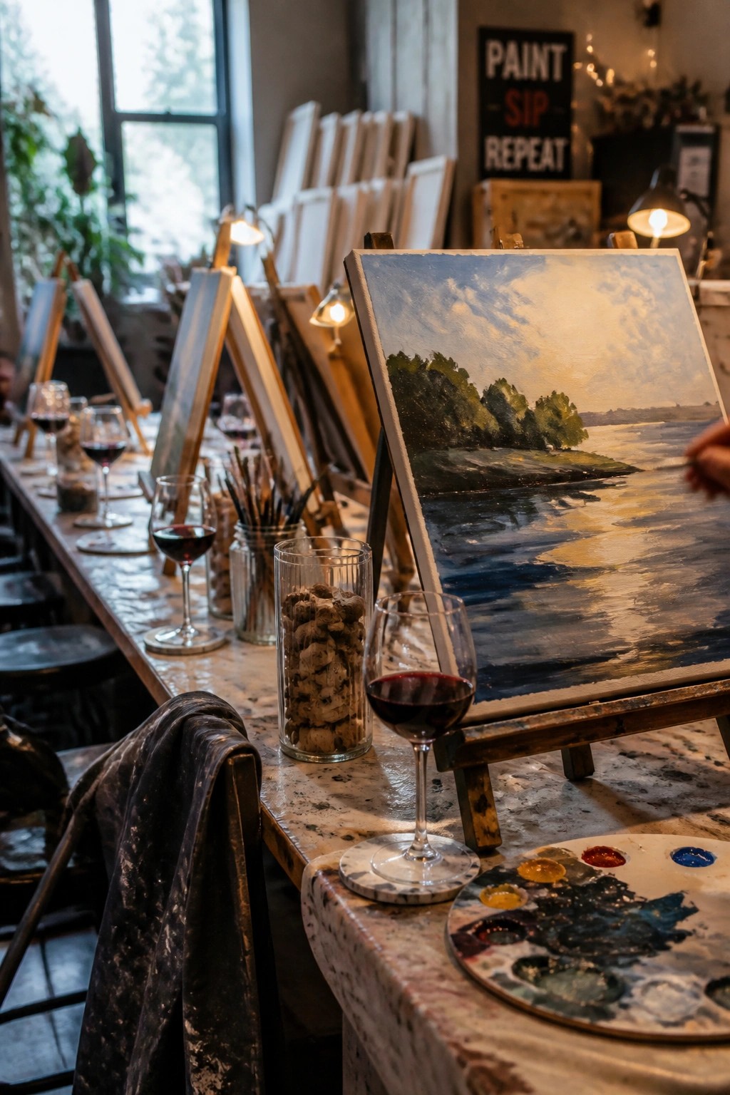 A finished landscape painting on an easel beside wine glasses and a paint palette on a marble table in an art studio.