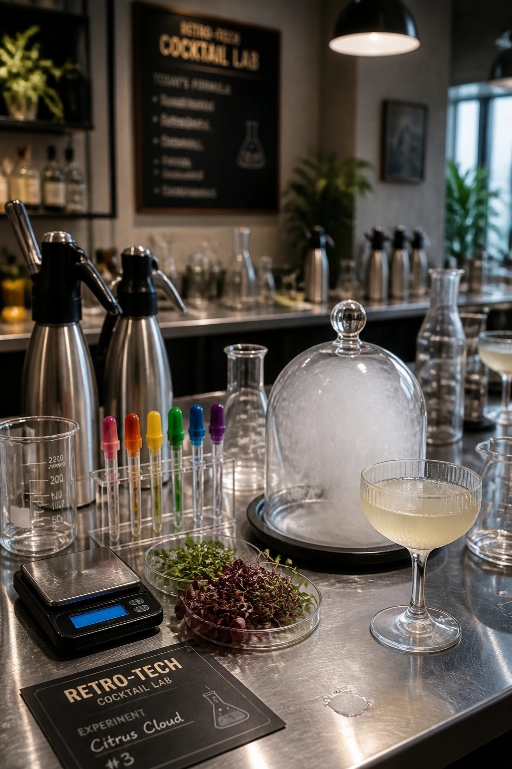 Retro-tech cocktail lab with colorful test tubes, microgreens, scale, and vapor-cloaked glass